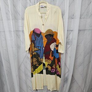 IBI Yellow Multicolor Women Bohemian Ethnic Midi Duster Shift Dress 2X